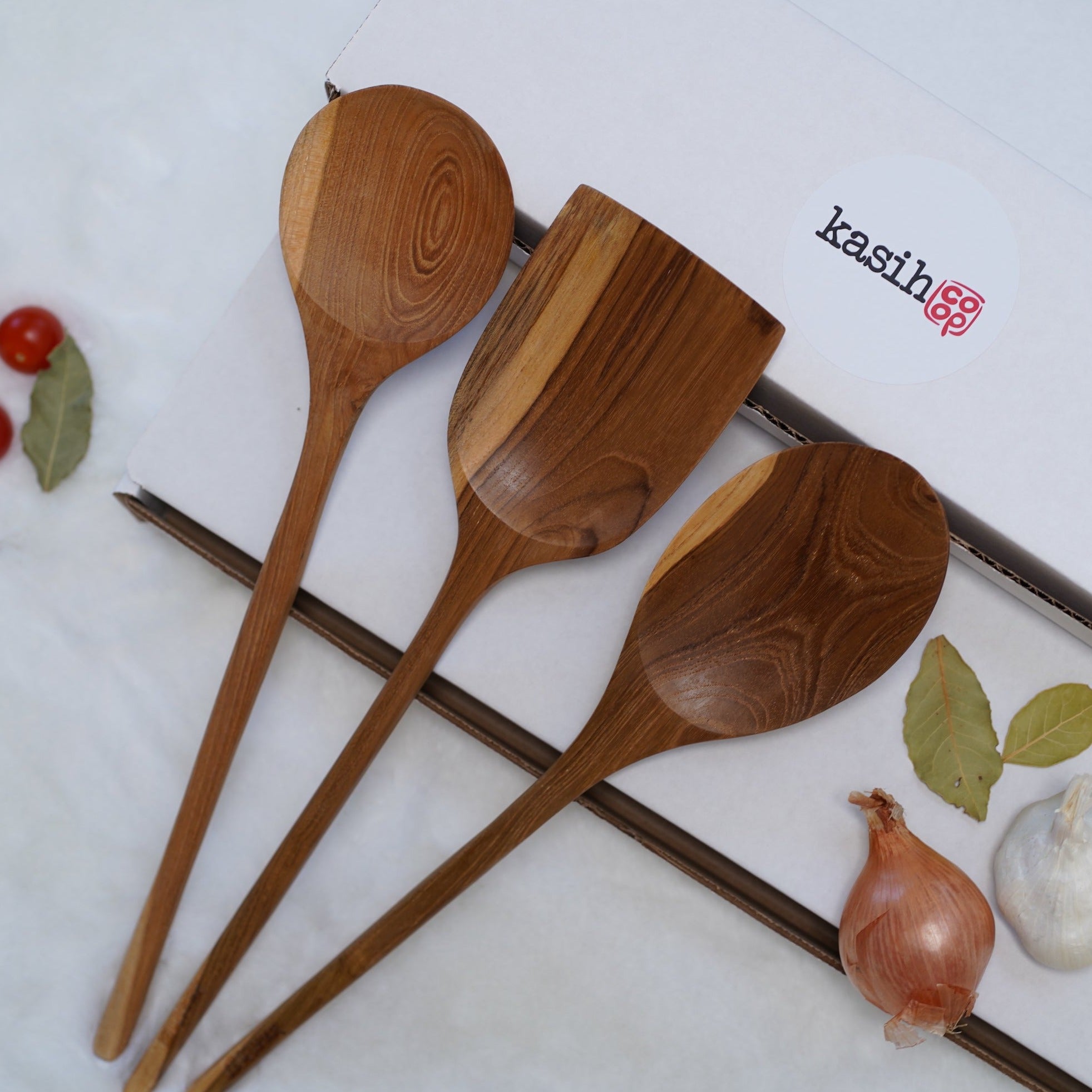 Teak Wood 14 “ Long Set of 3 Cooking Kitchen Utensils Spoons & Spatula –  Kasih Co-op