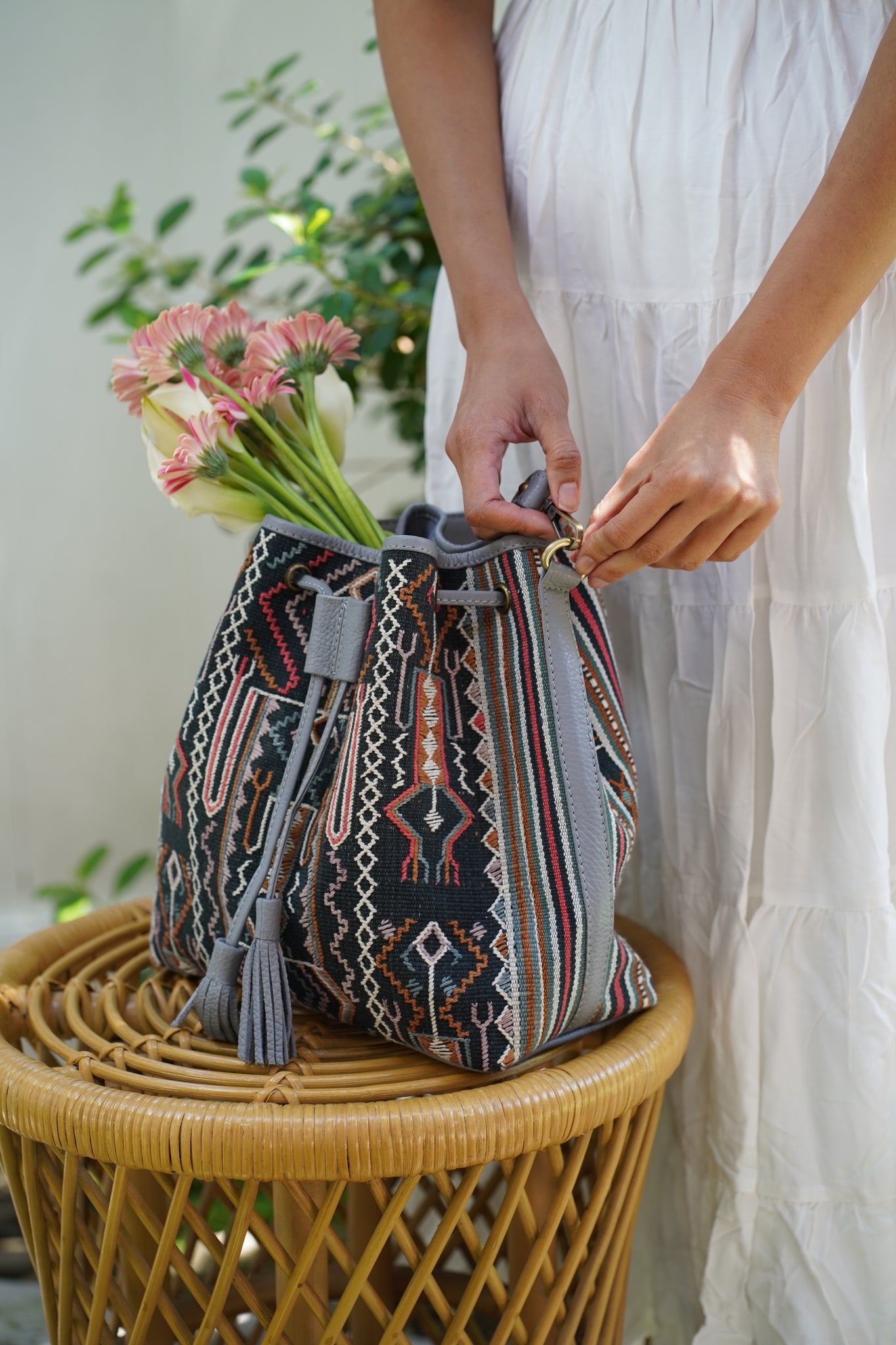 BOHEMIAN BAG CROCHET Flower Rattan/ Leather Medium Size