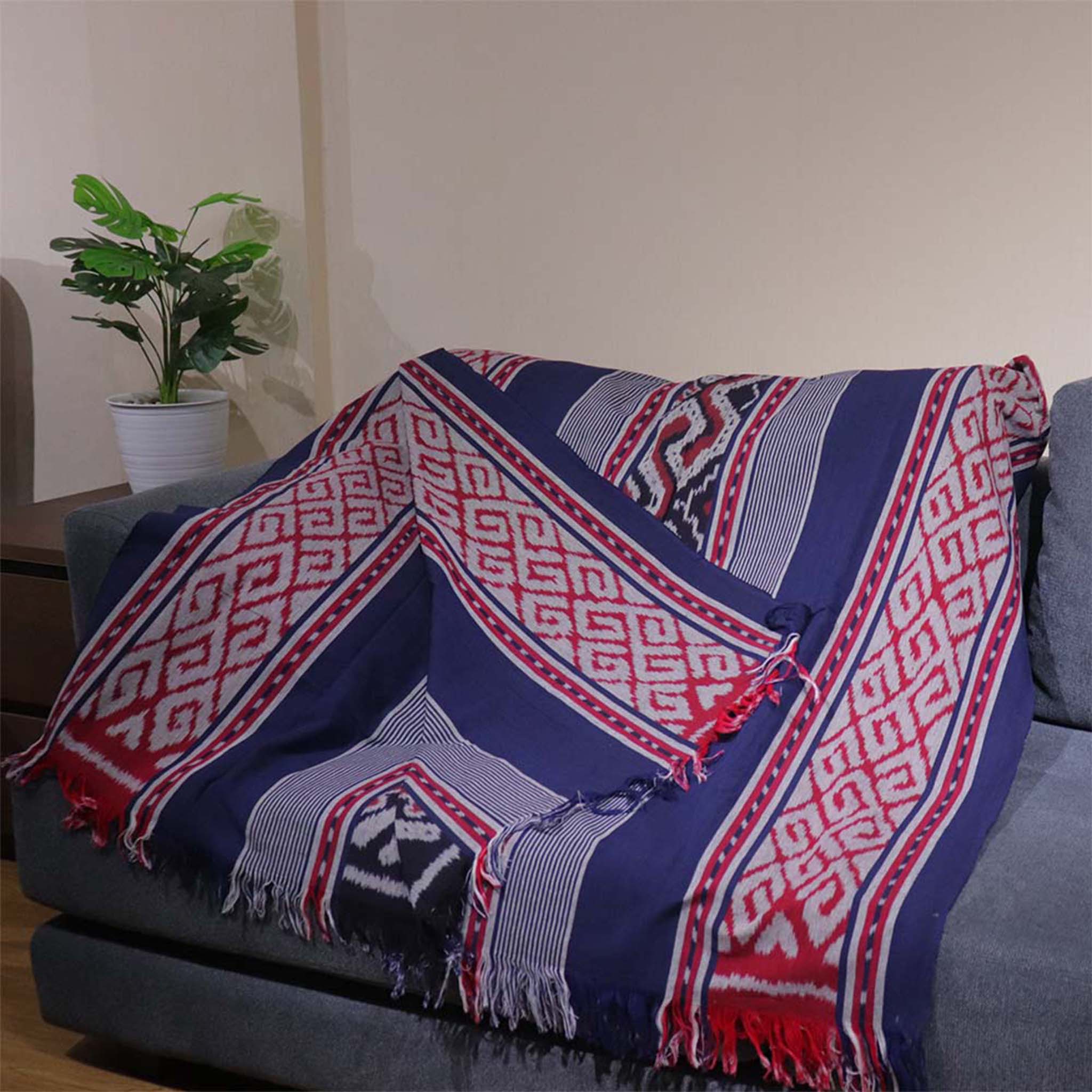 Handwoven c tton, linen ikat throw, purple,red, blue on black, cheapest beautiful work, heavy weave, bed cover, sofa accessory, excellent condition